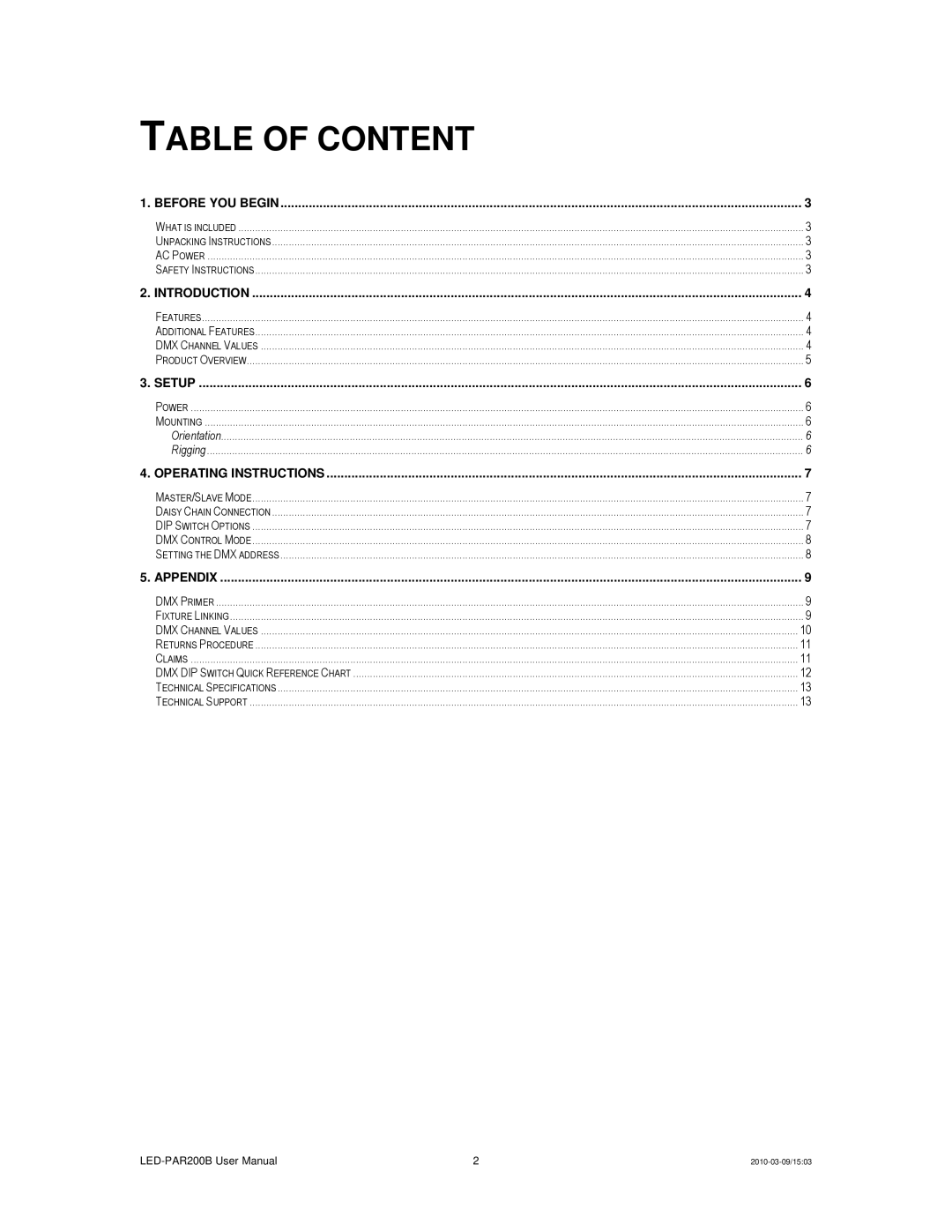 Chauvet 200B user manual Table of Content, Operating Instructions 