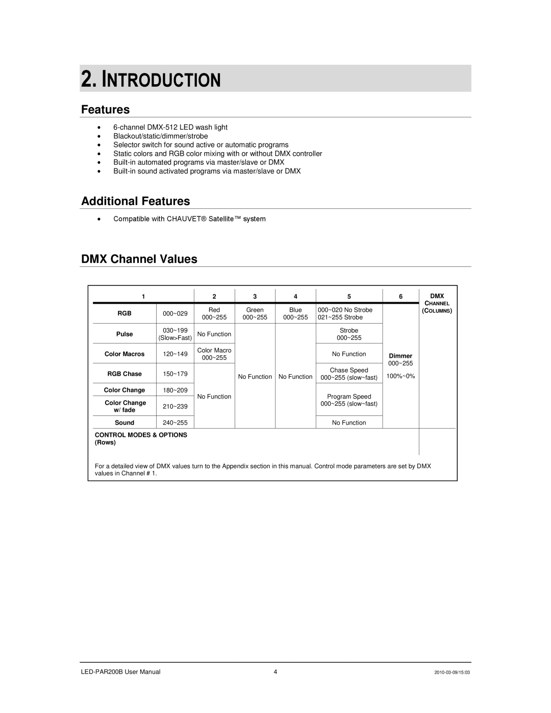 Chauvet 200B user manual Introduction, Additional Features, DMX Channel Values 