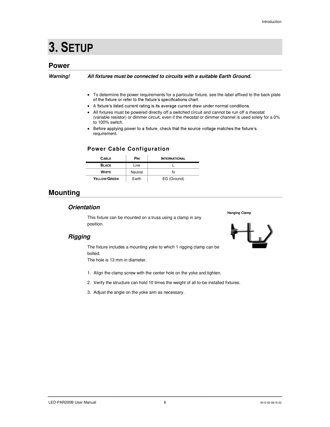 Chauvet 200B user manual Setup, Power, Mounting 