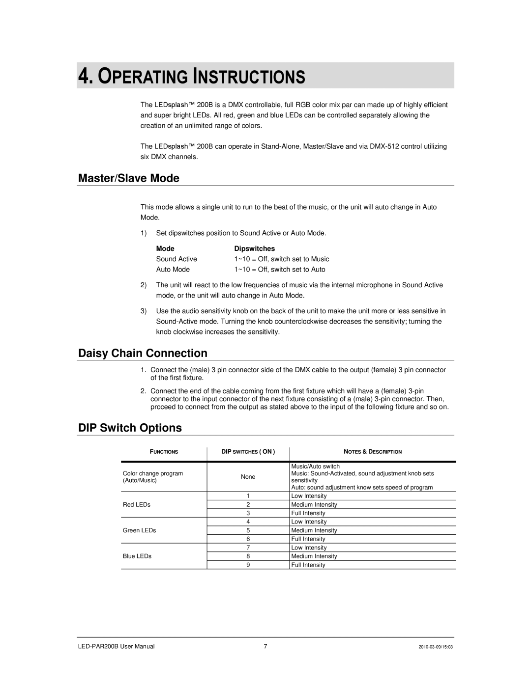 Chauvet 200B Operating Instructions, Master/Slave Mode, Daisy Chain Connection, DIP Switch Options, DIP Switches on 