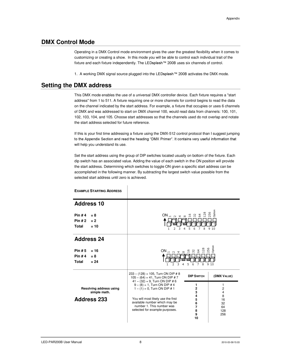 Chauvet 200B user manual DMX Control Mode, Setting the DMX address, Example Starting Address, DIP Switch DMX Value 