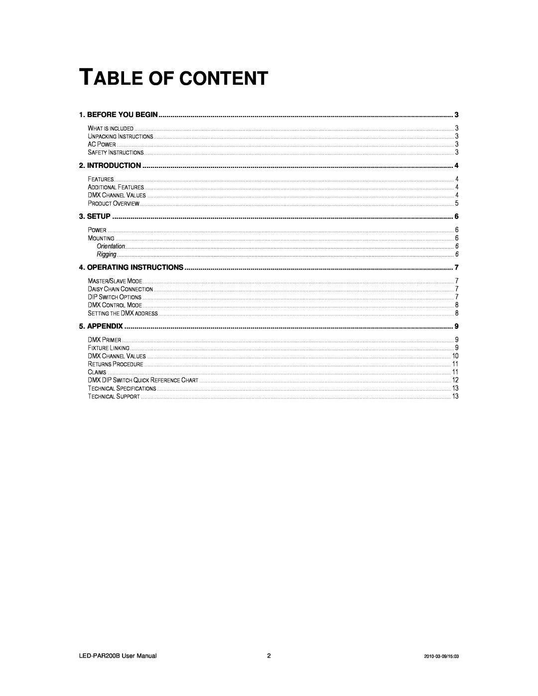 Chauvet 200B user manual Table Of Content, Before You Begin, Introduction, Setup, Operating Instructions, Appendix 
