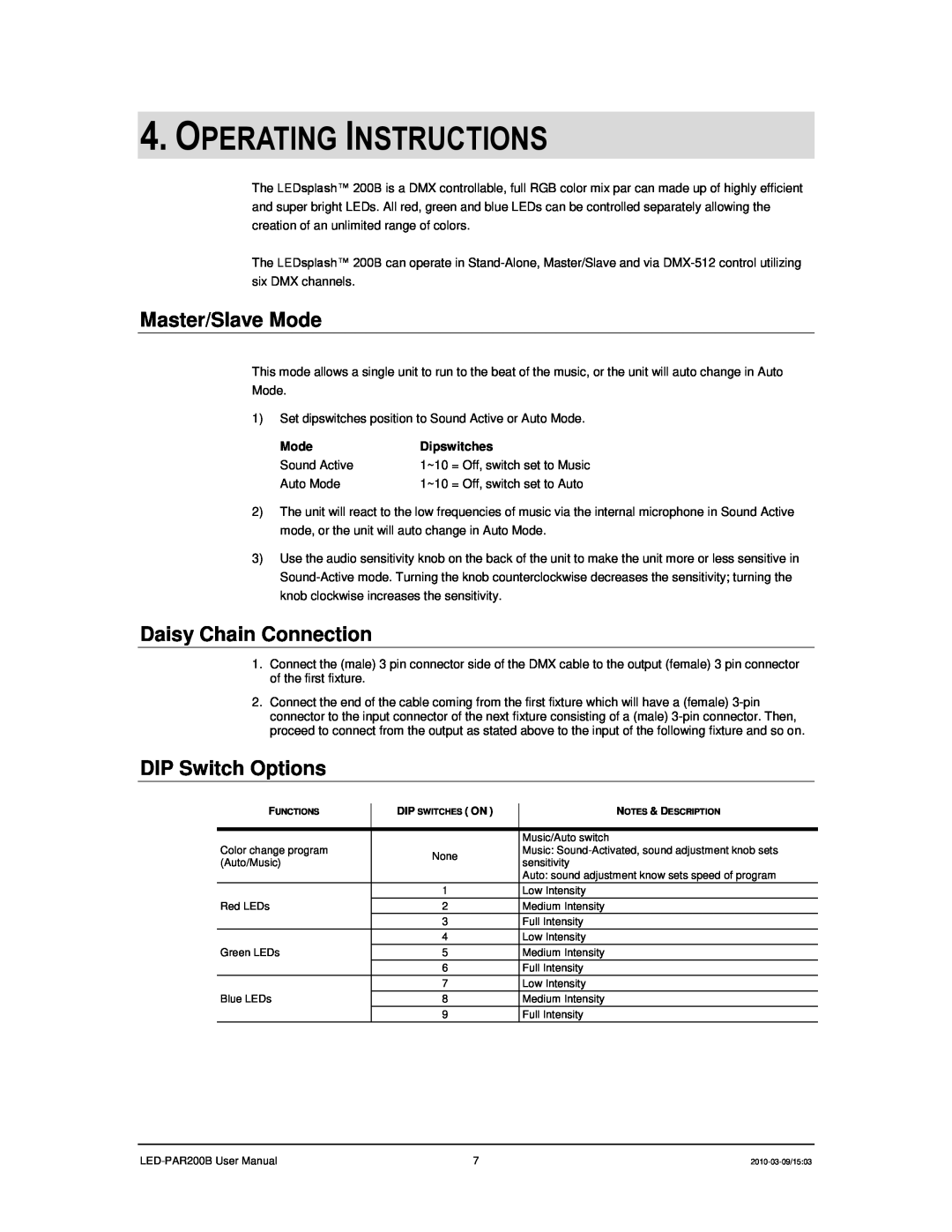 Chauvet 200B user manual Operating Instructions, Master/Slave Mode, Daisy Chain Connection, DIP Switch Options, Dipswitches 