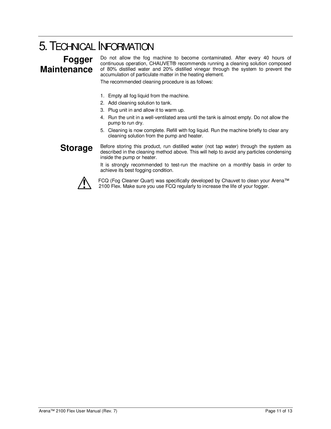 Chauvet 2100 user manual Technical Information, Fogger Maintenance Storage 