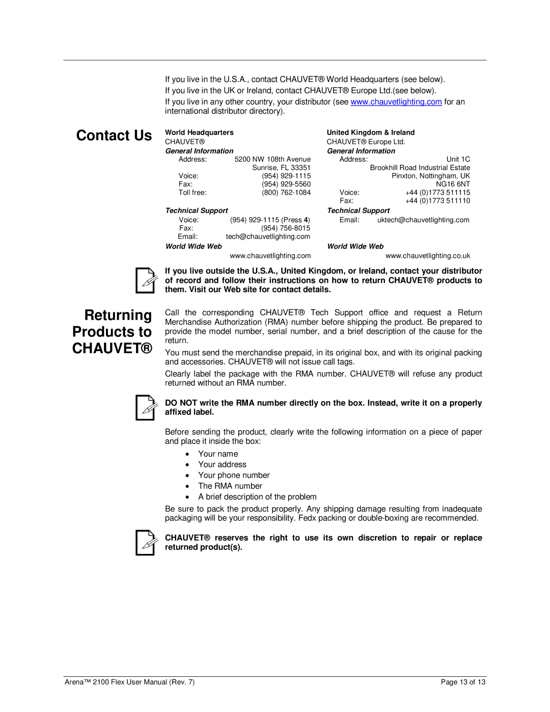 Chauvet 2100 user manual Contact Us Returning Products to, Chauvet 