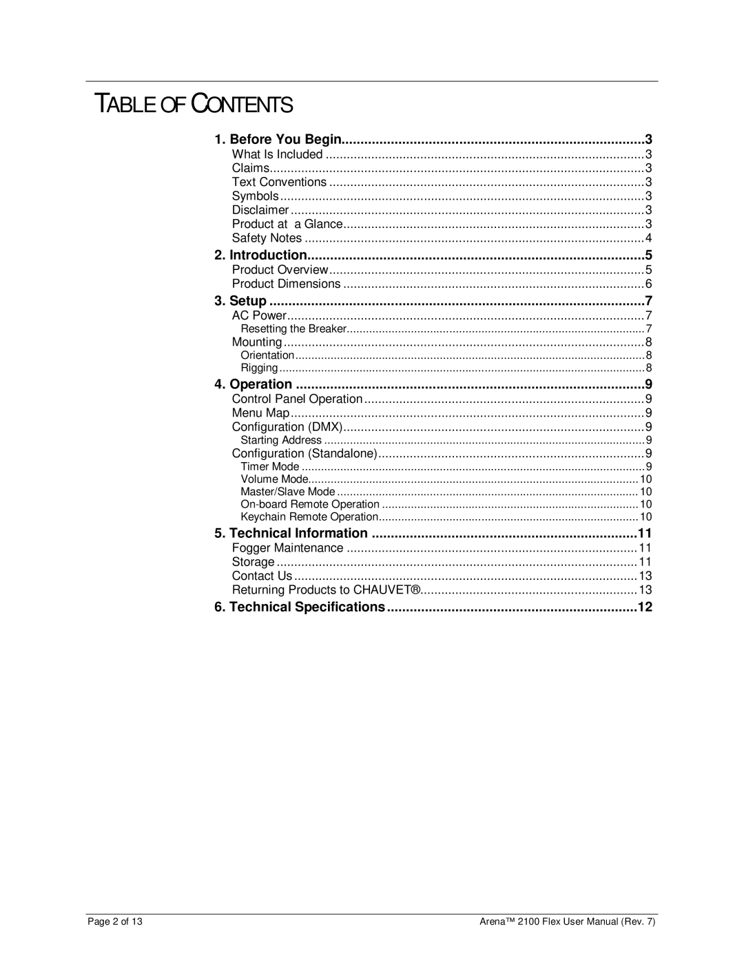 Chauvet 2100 user manual Table of Contents 