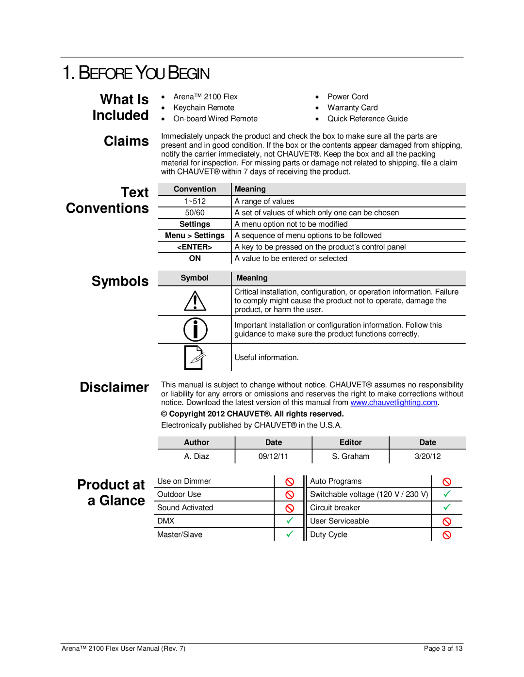 Chauvet 2100 Before YOU Begin, What Is Included Claims Text Conventions Symbols Disclaimer, Product at a Glance, Enter 