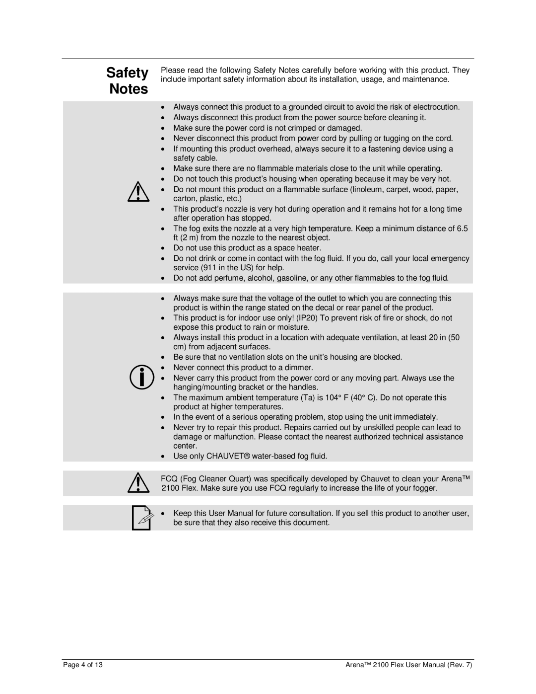 Chauvet 2100 user manual Safety Notes 