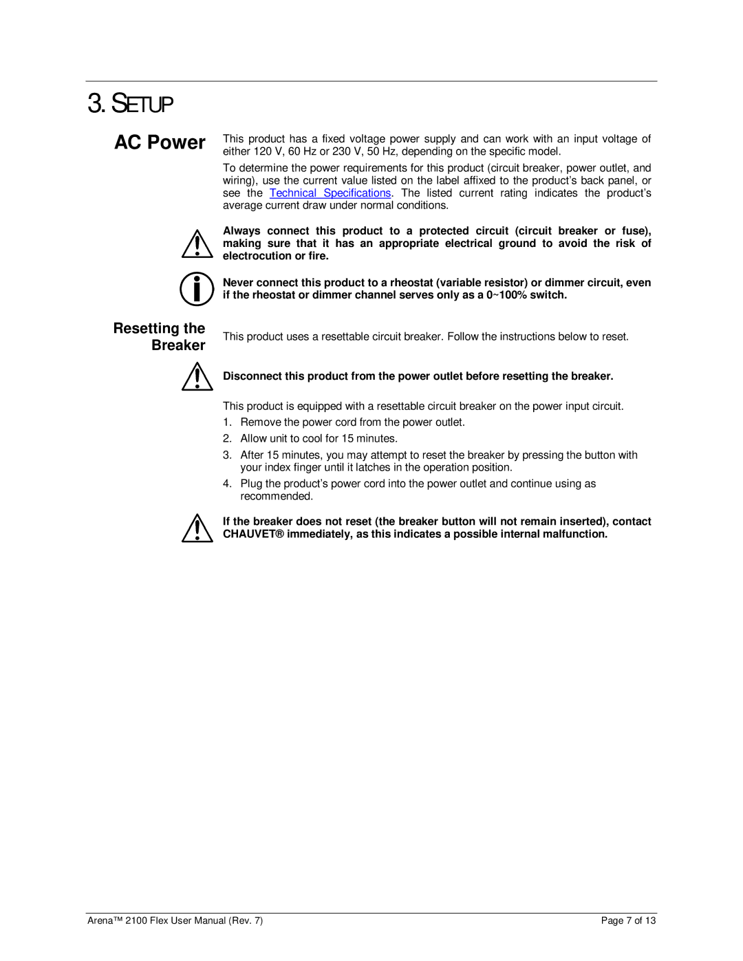 Chauvet 2100 user manual Setup, AC Power, Resetting the Breaker 