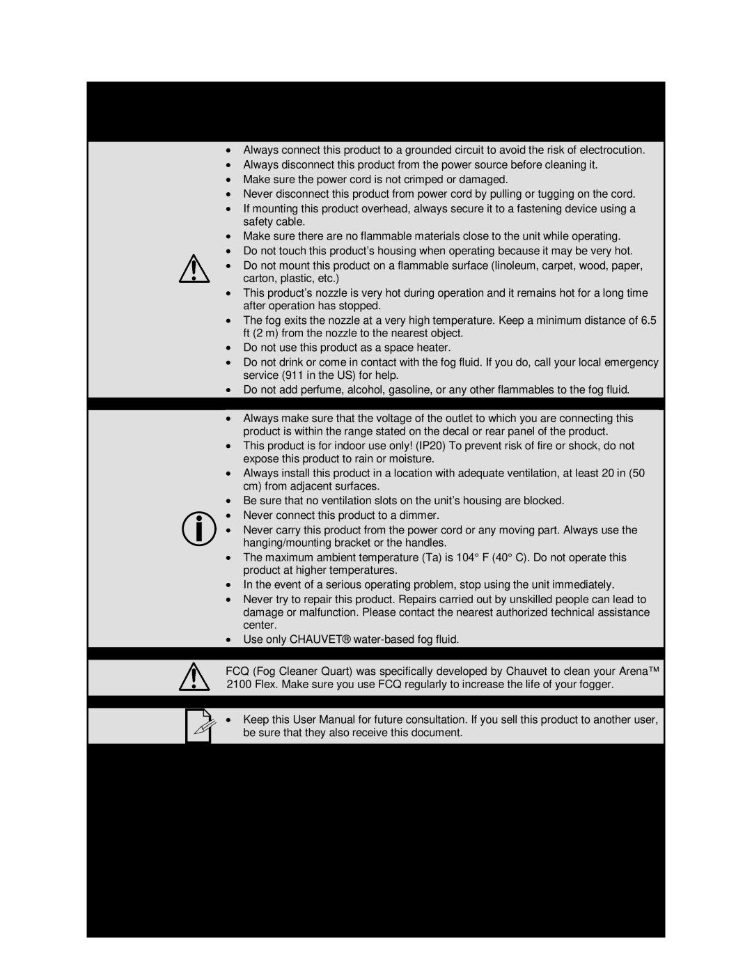 Chauvet 2100 user manual Safety Notes 