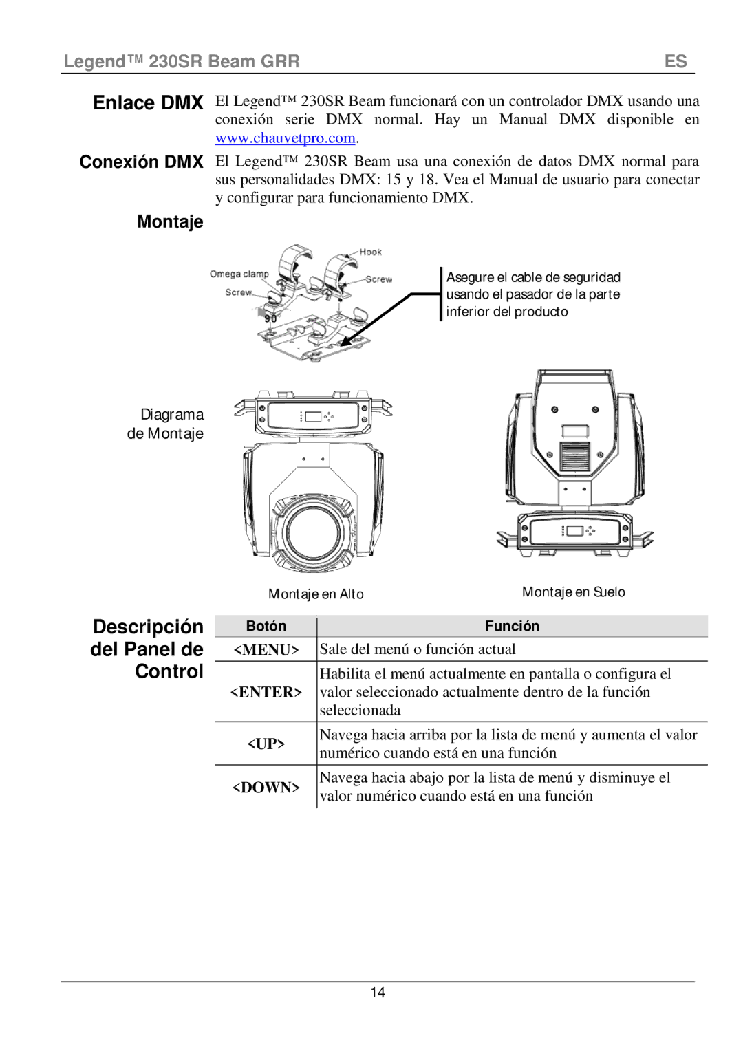 Chauvet 230SR manual Descripción del Panel de Control, Montaje, Botón Función 