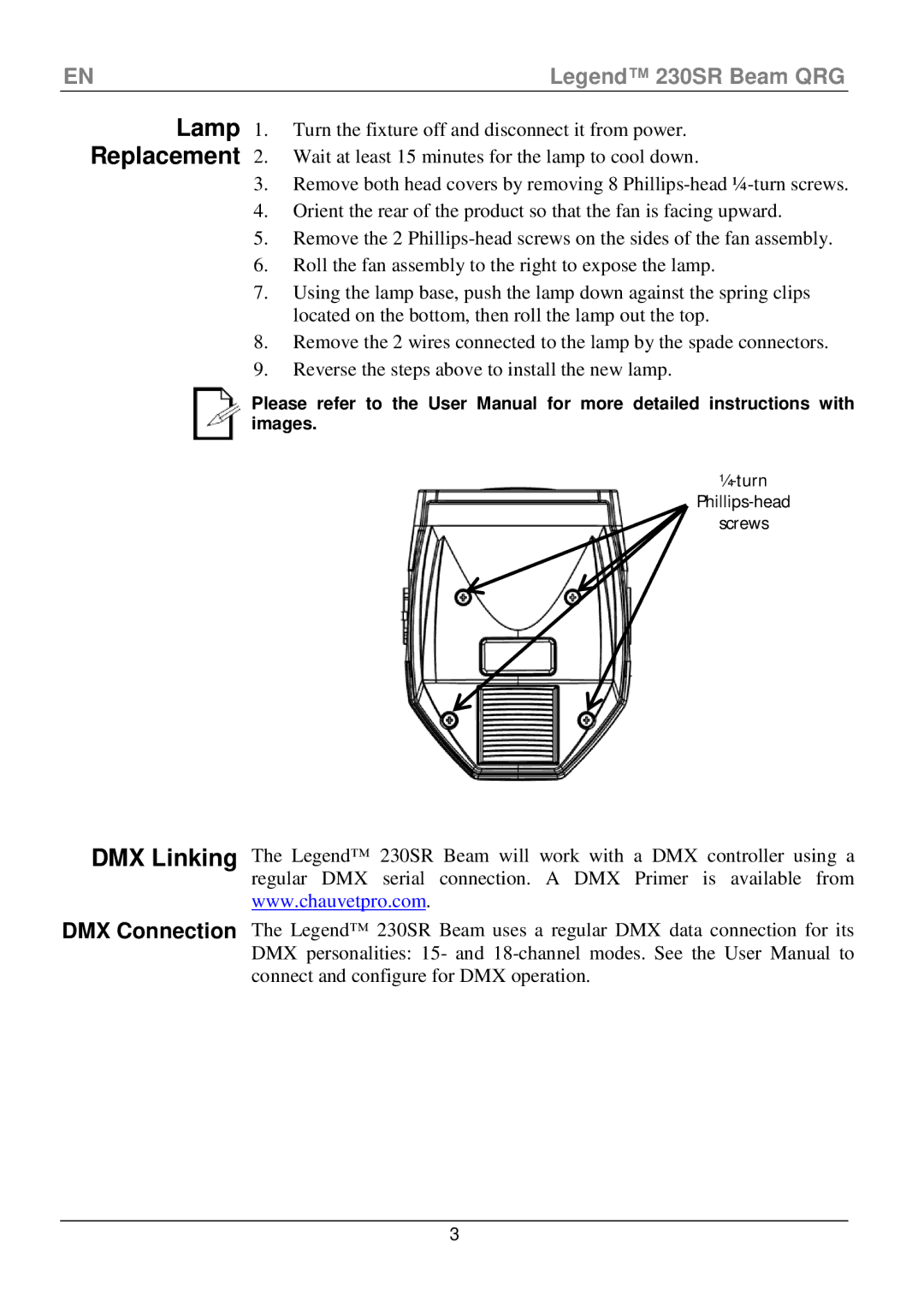 Chauvet 230SR manual ¼-turn Phillips-head Screws 