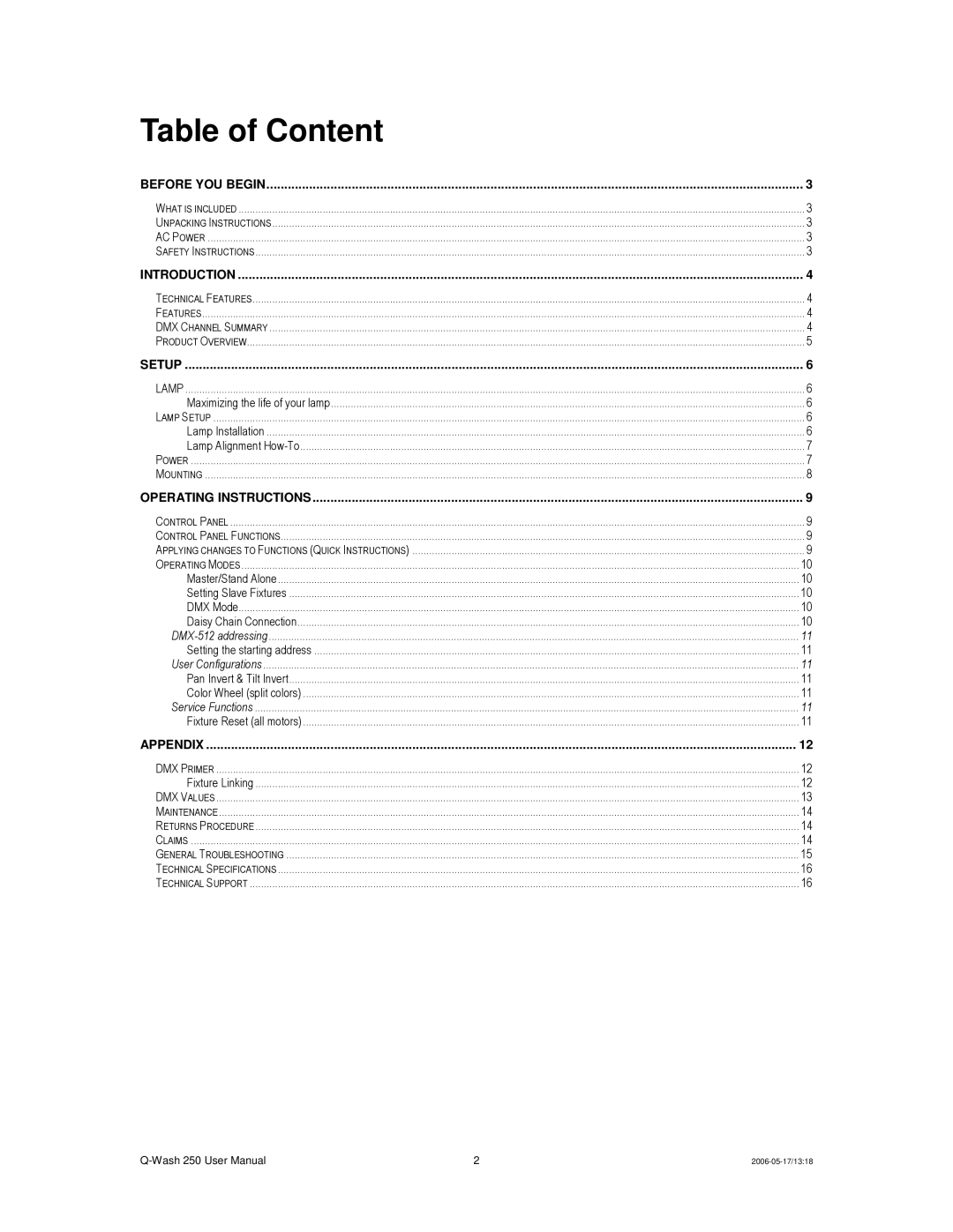 Chauvet 250 user manual Table of Content 