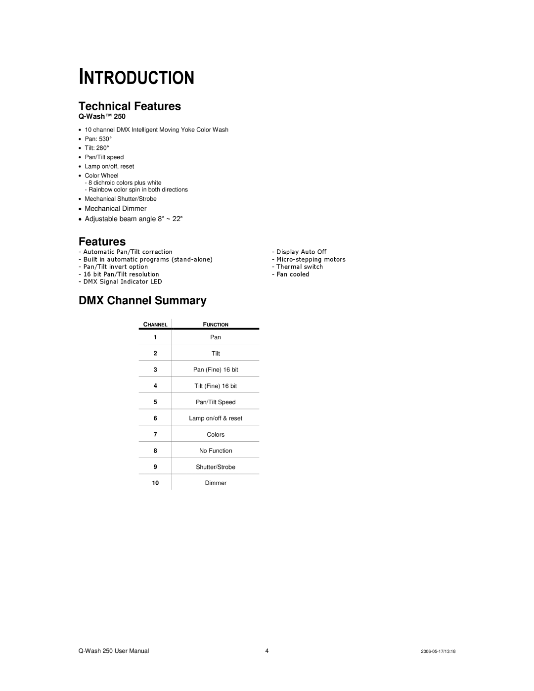 Chauvet 250 user manual Introduction, Technical Features, DMX Channel Summary 