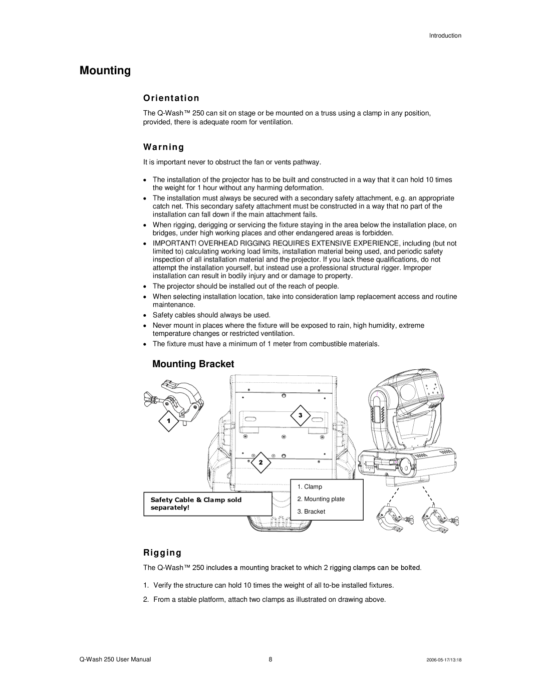 Chauvet 250 user manual Mounting, Ori ent at ion, Warnin g, Rigg ing 