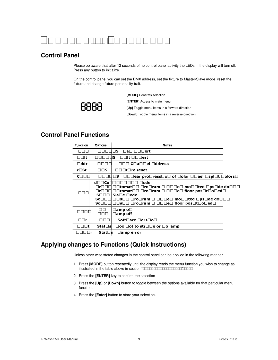 Chauvet 250 Operating Instructions, Control Panel Functions, Applying changes to Functions Quick Instructions 