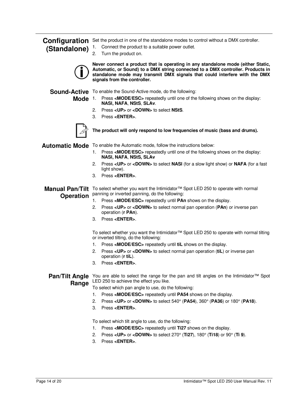 Chauvet 250 user manual Configuration Standalone 