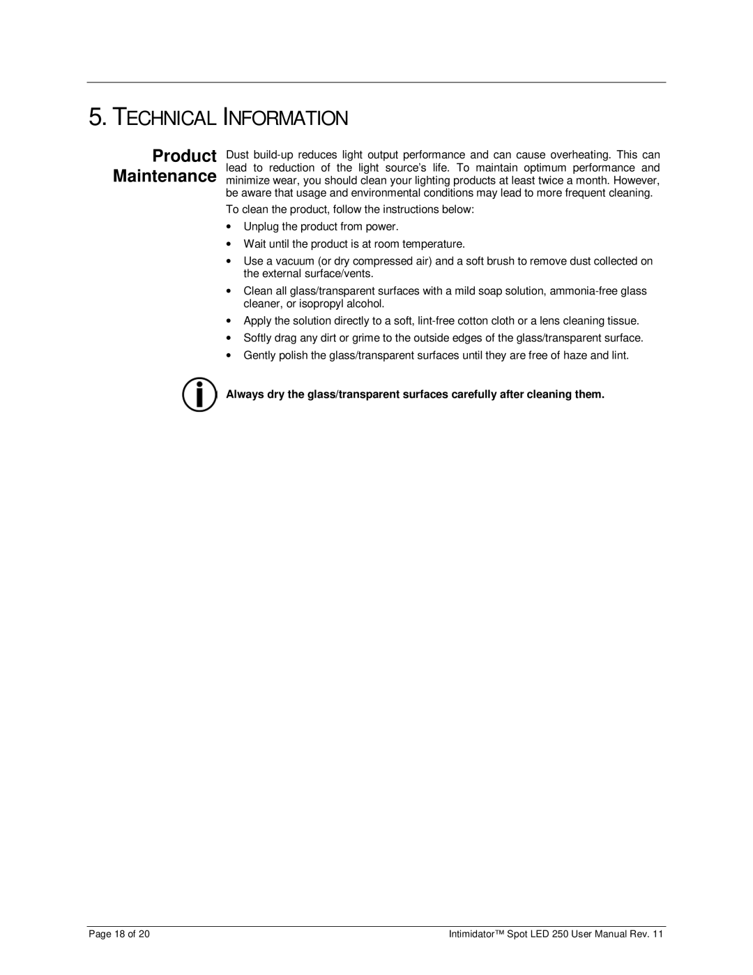 Chauvet 250 user manual Technical Information, Product Maintenance 