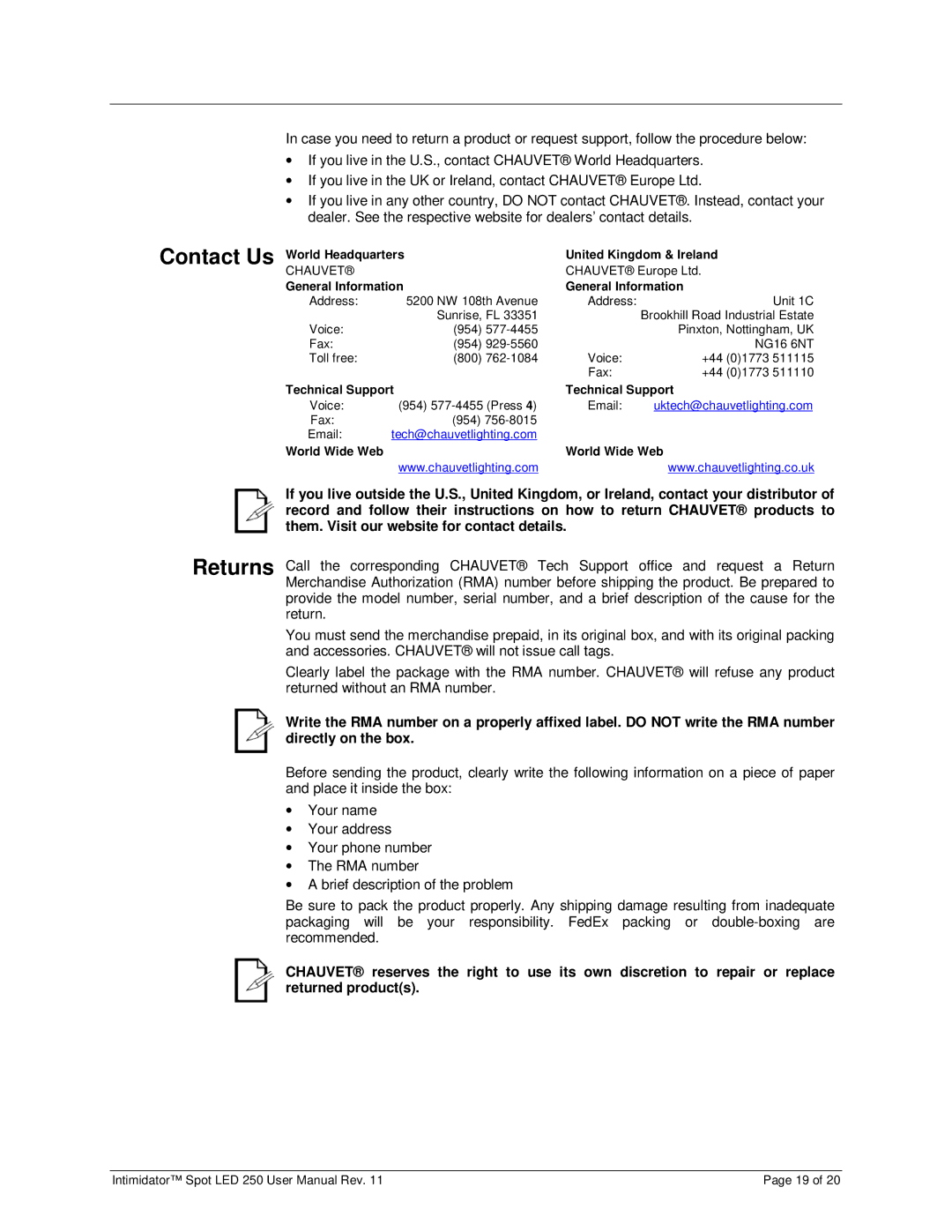 Chauvet 250 user manual Contact Us, World Headquarters United Kingdom & Ireland, General Information, Technical Support 