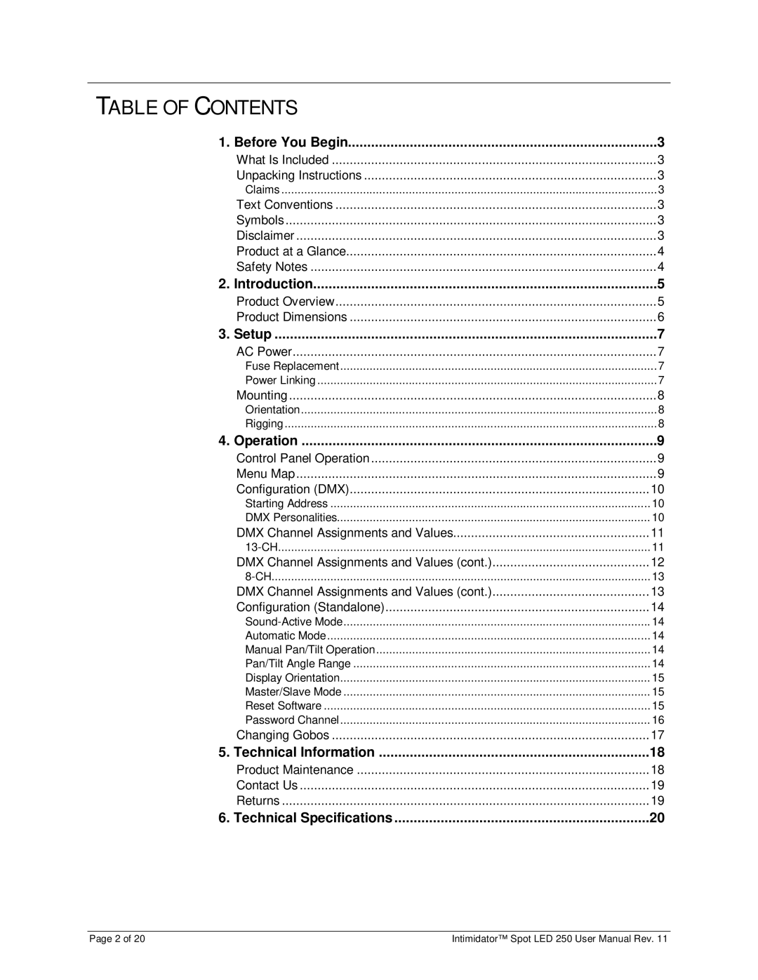 Chauvet 250 user manual Table of Contents 