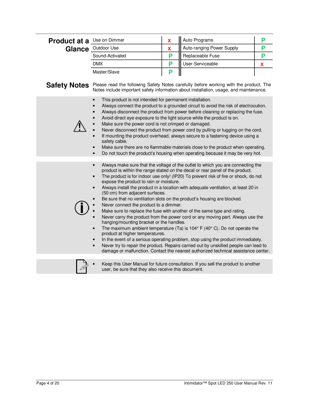 Chauvet 250 user manual Product at a Glance, Dmx 