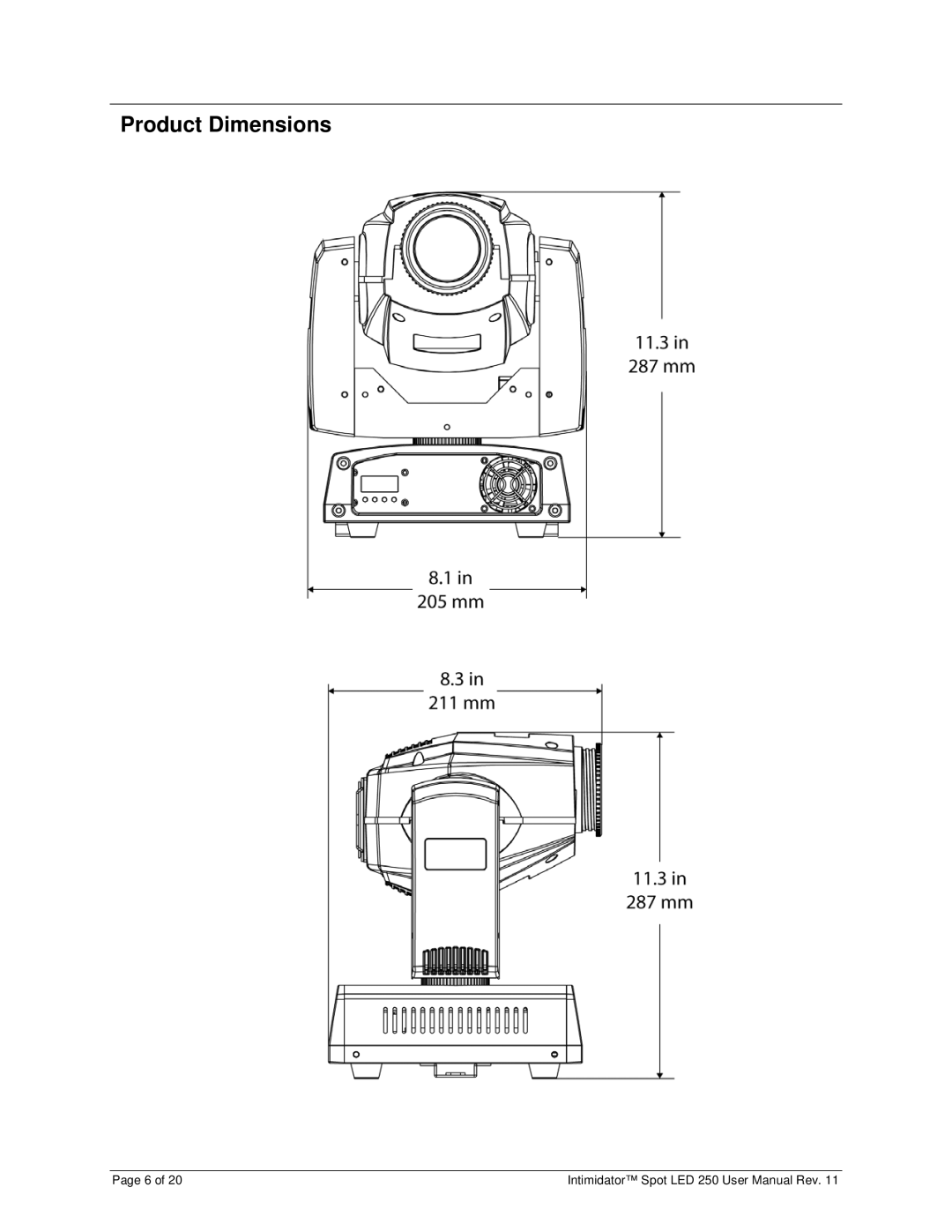 Chauvet 250 user manual Product Dimensions 