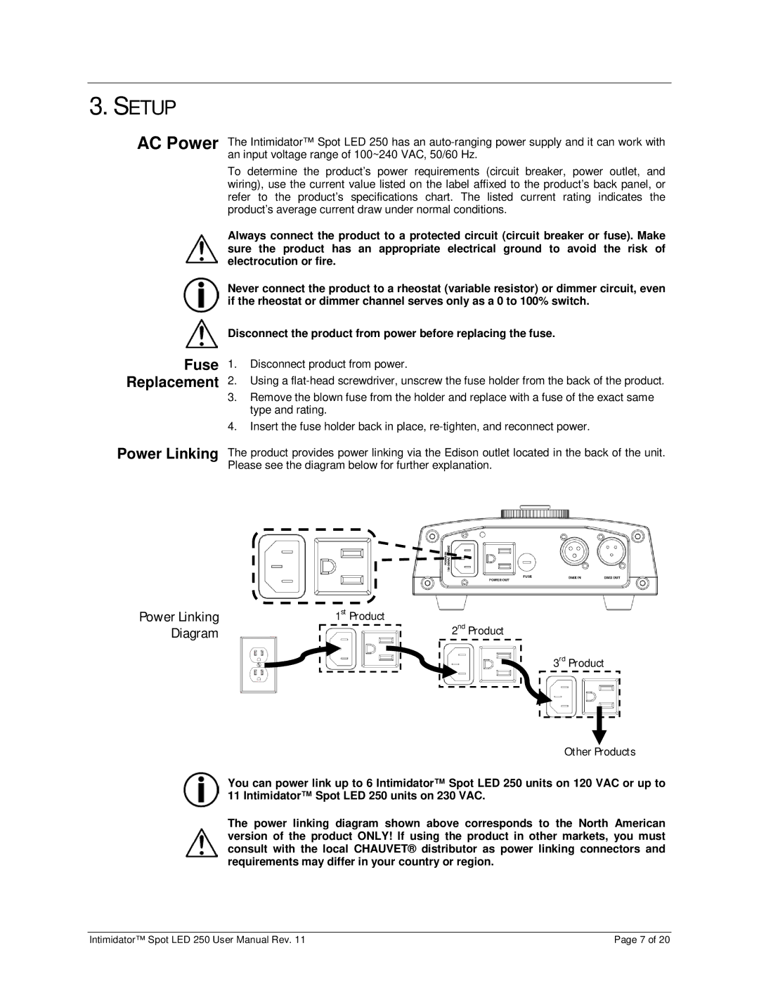 Chauvet 250 user manual Setup, AC Power, Fuse Replacement Power Linking 