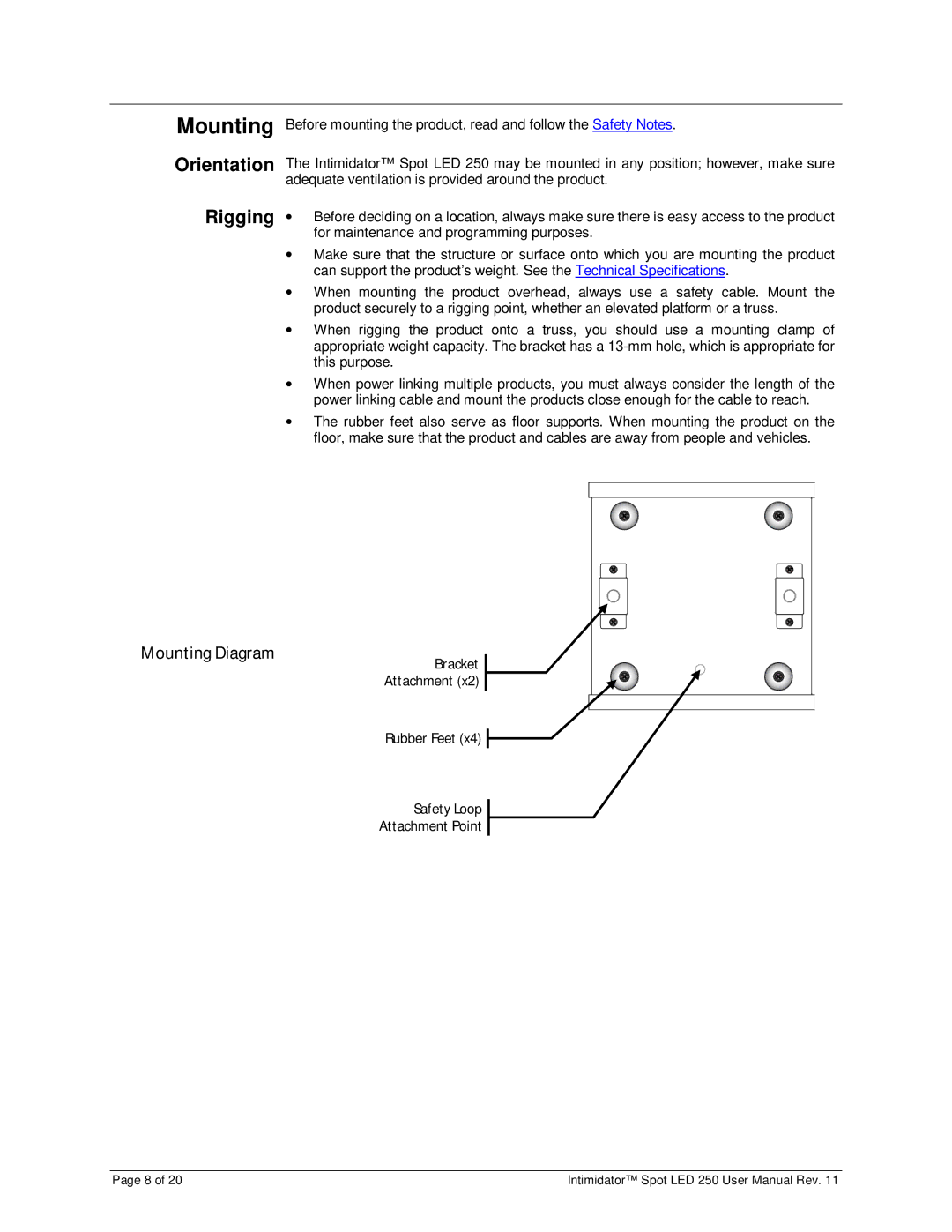 Chauvet 250 user manual Mounting, Orientation Rigging 