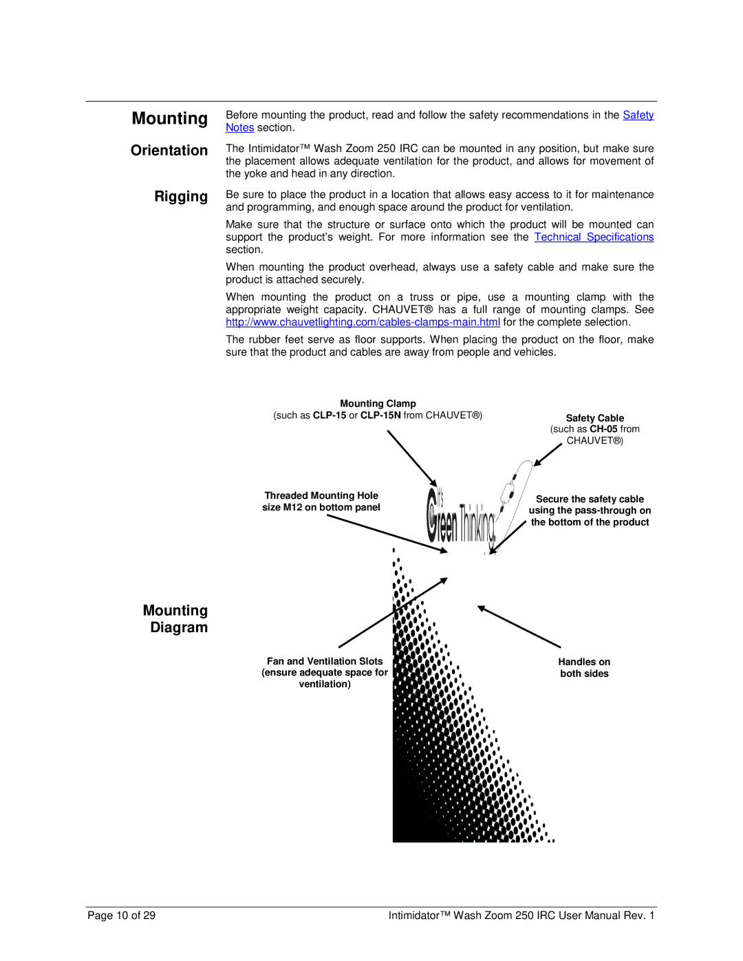 Chauvet 250irc user manual Orientation Rigging, Mounting Diagram 