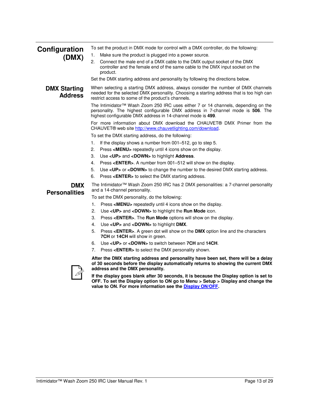 Chauvet 250irc user manual Configuration, DMX Starting Address, Personalities 