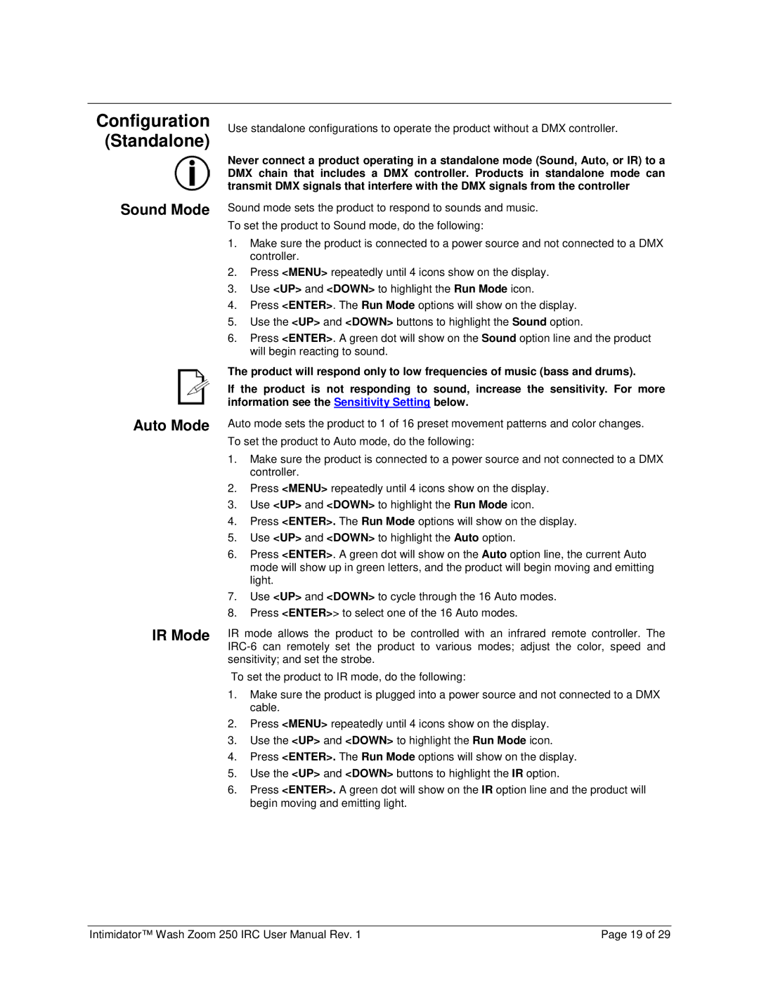 Chauvet 250irc user manual Configuration Standalone, Sound Mode Auto Mode IR Mode 