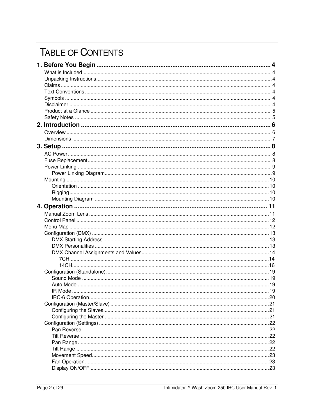 Chauvet 250irc user manual Table of Contents 