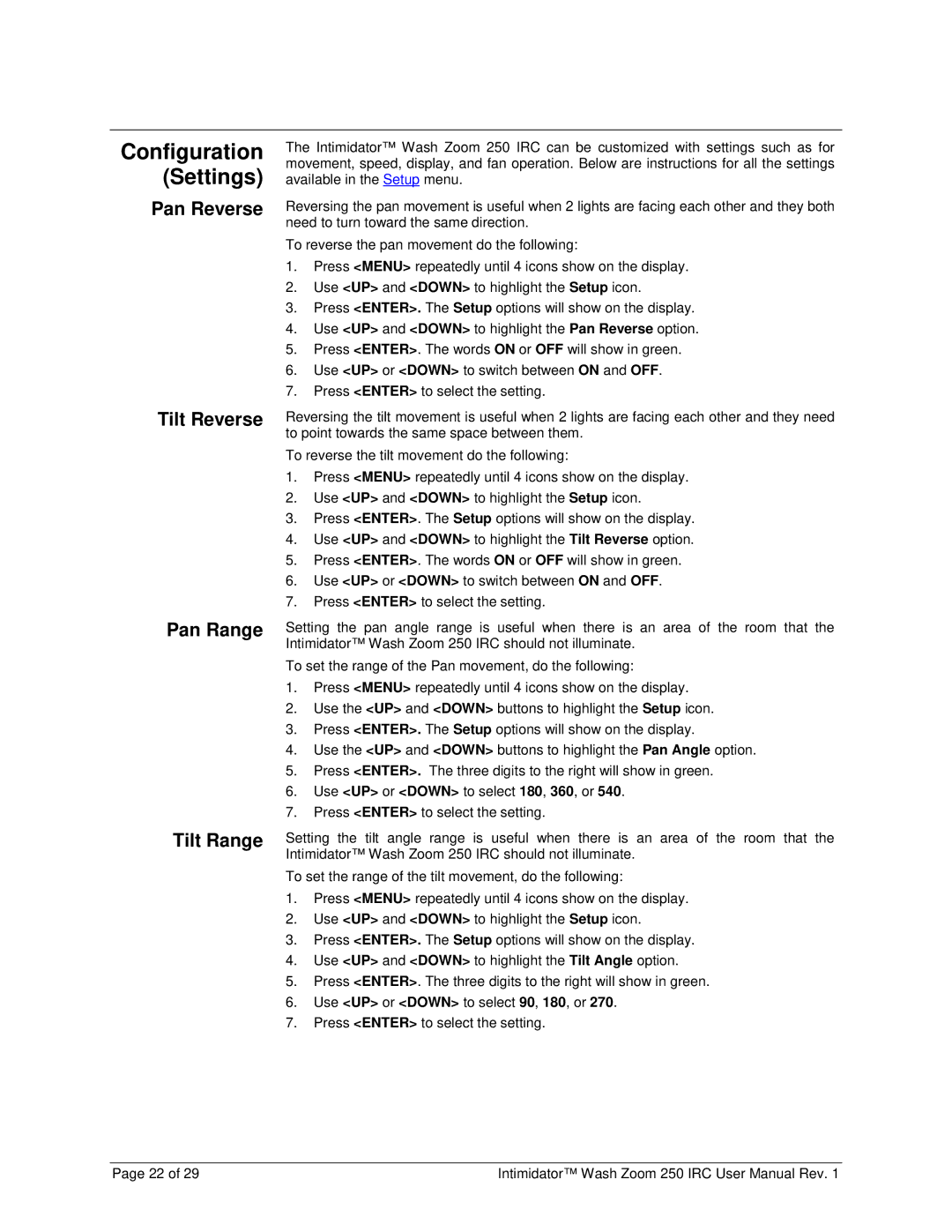 Chauvet 250irc user manual Configuration Settings, Pan Reverse Tilt Reverse Pan Range Tilt Range 