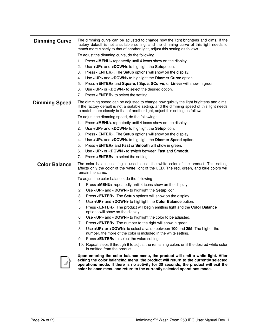 Chauvet 250irc user manual Dimming Curve Dimming Speed Color Balance 