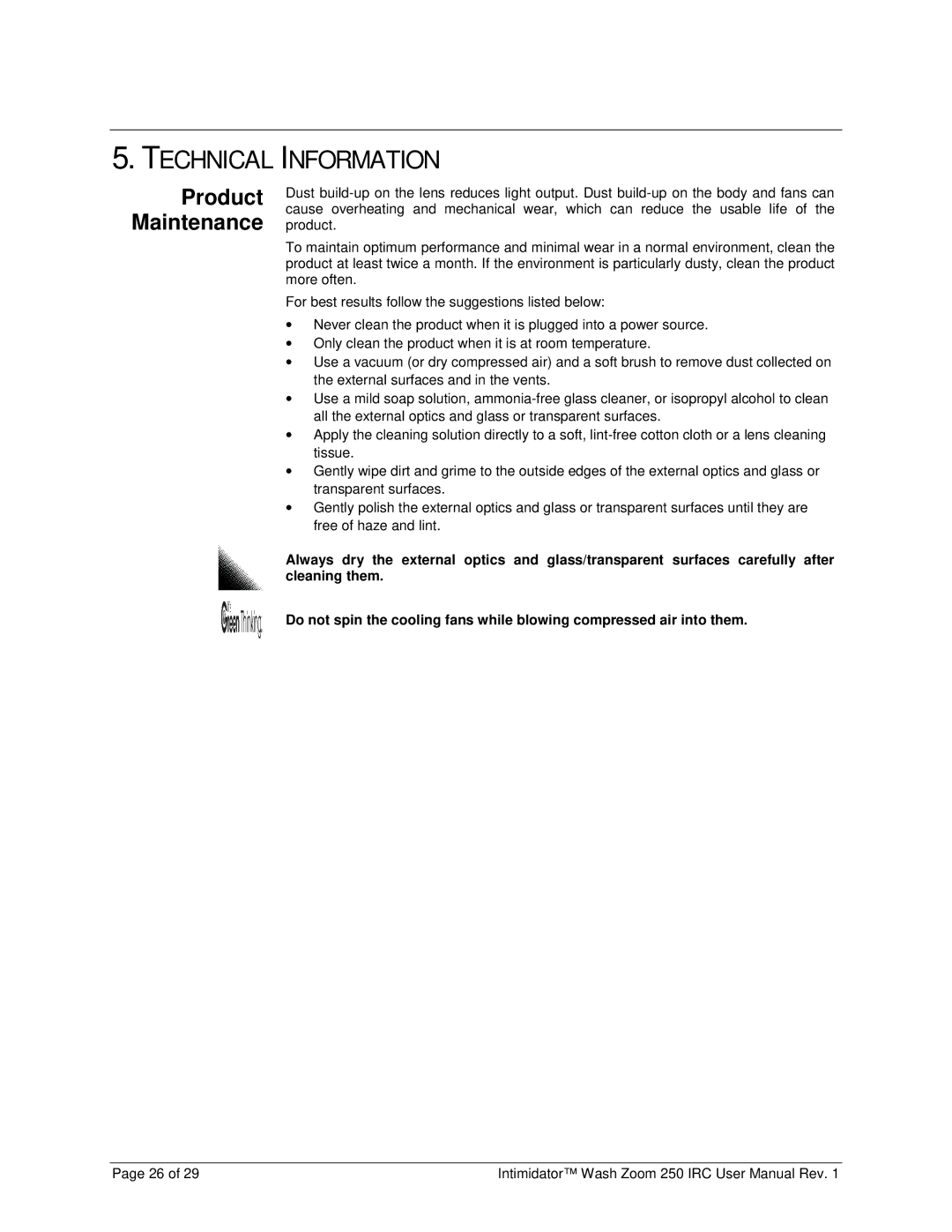 Chauvet 250irc user manual Technical Information, Product Maintenance 