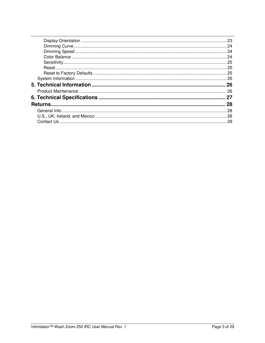 Chauvet 250irc user manual Technical Information, Technical Specifications Returns 