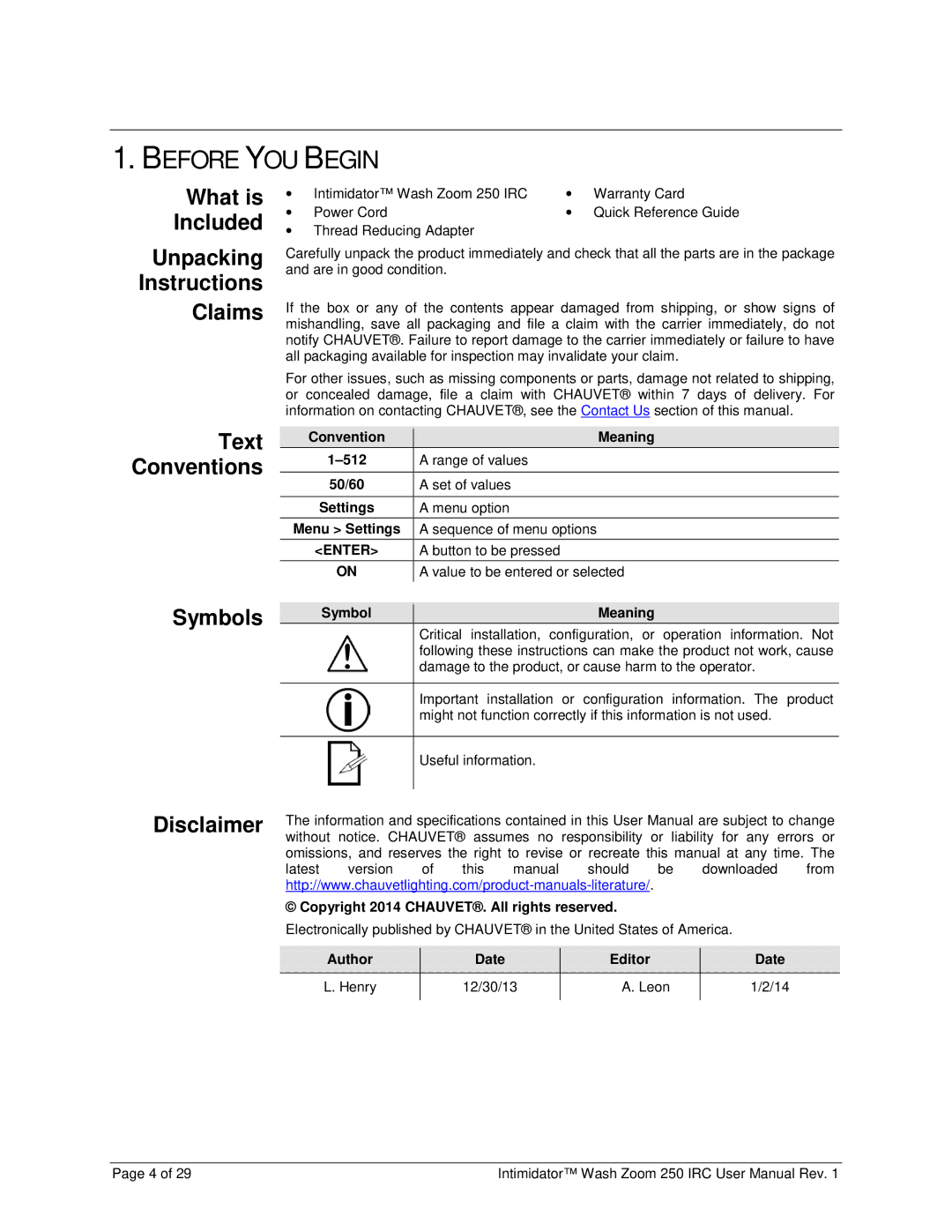 Chauvet 250irc user manual Before YOU Begin, Claims Text Conventions, Symbols Disclaimer 