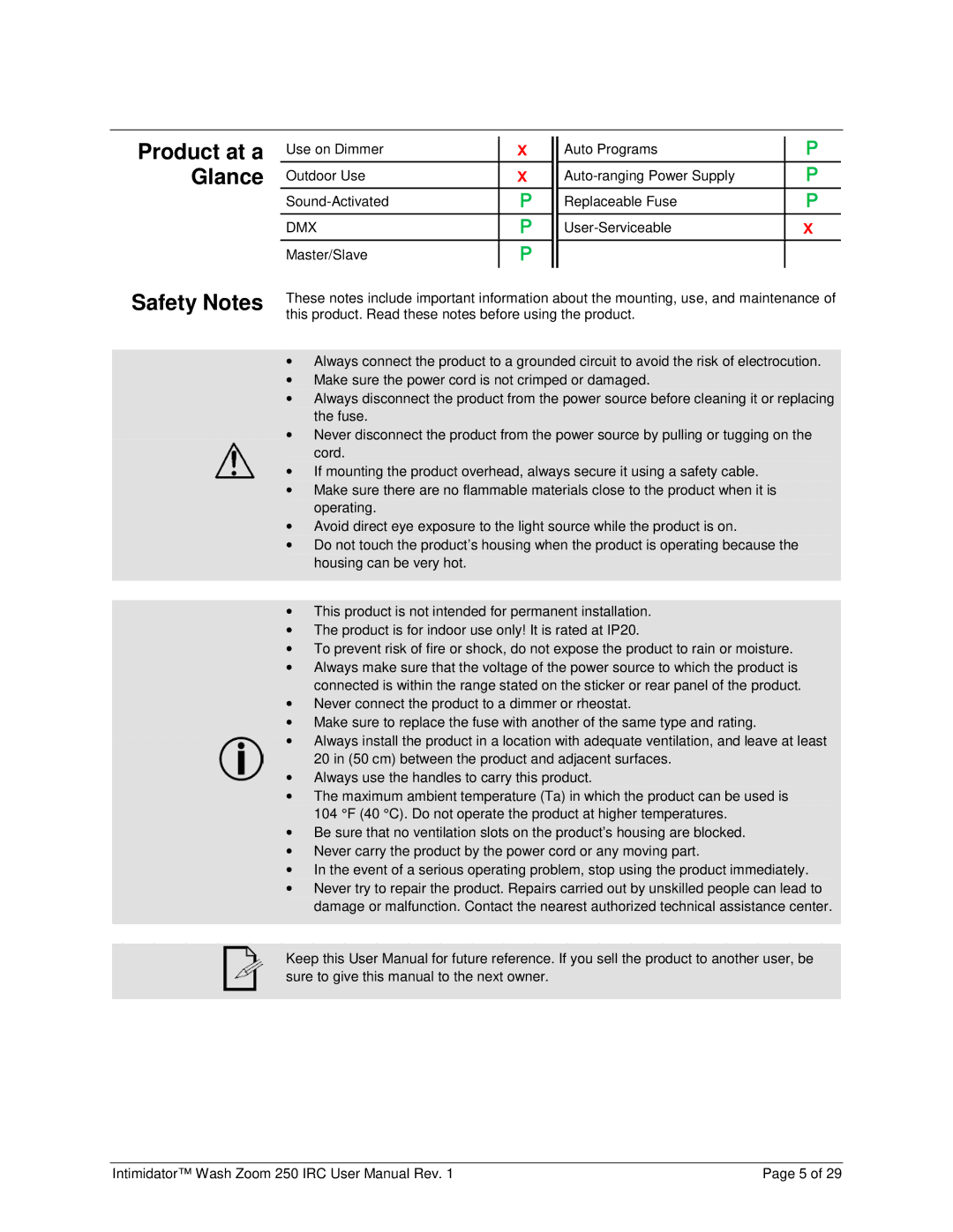 Chauvet 250irc user manual Product at a Glance, Safety Notes 