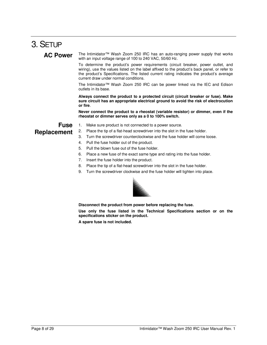 Chauvet 250irc user manual Setup, AC Power Fuse Replacement 