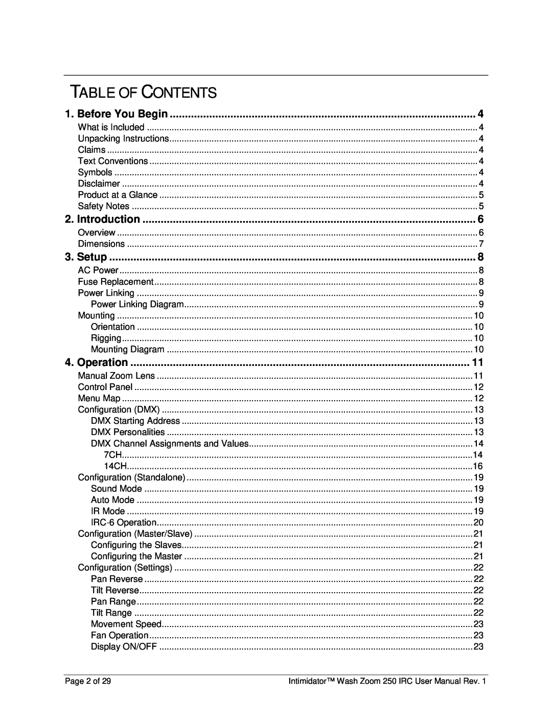 Chauvet 250irc user manual Table Of Contents, Before You Begin, Introduction, Setup, Operation 