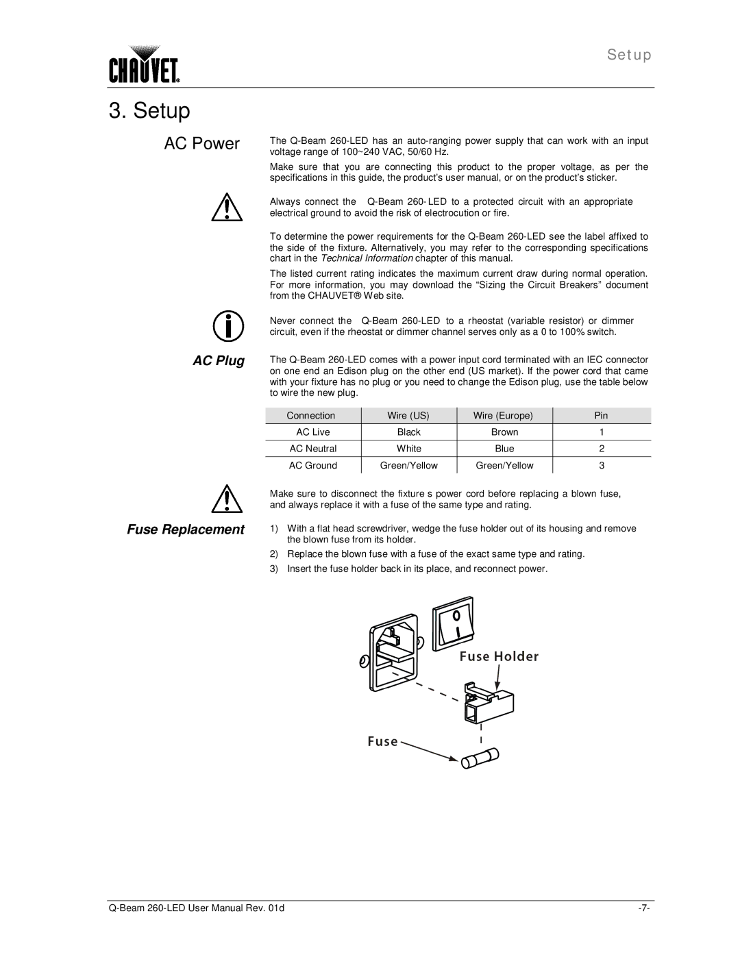 Chauvet 260 LED user manual Setup, AC Power, AC Plug, Fuse Replacement, Connection Wire US Wire Europe Pin 