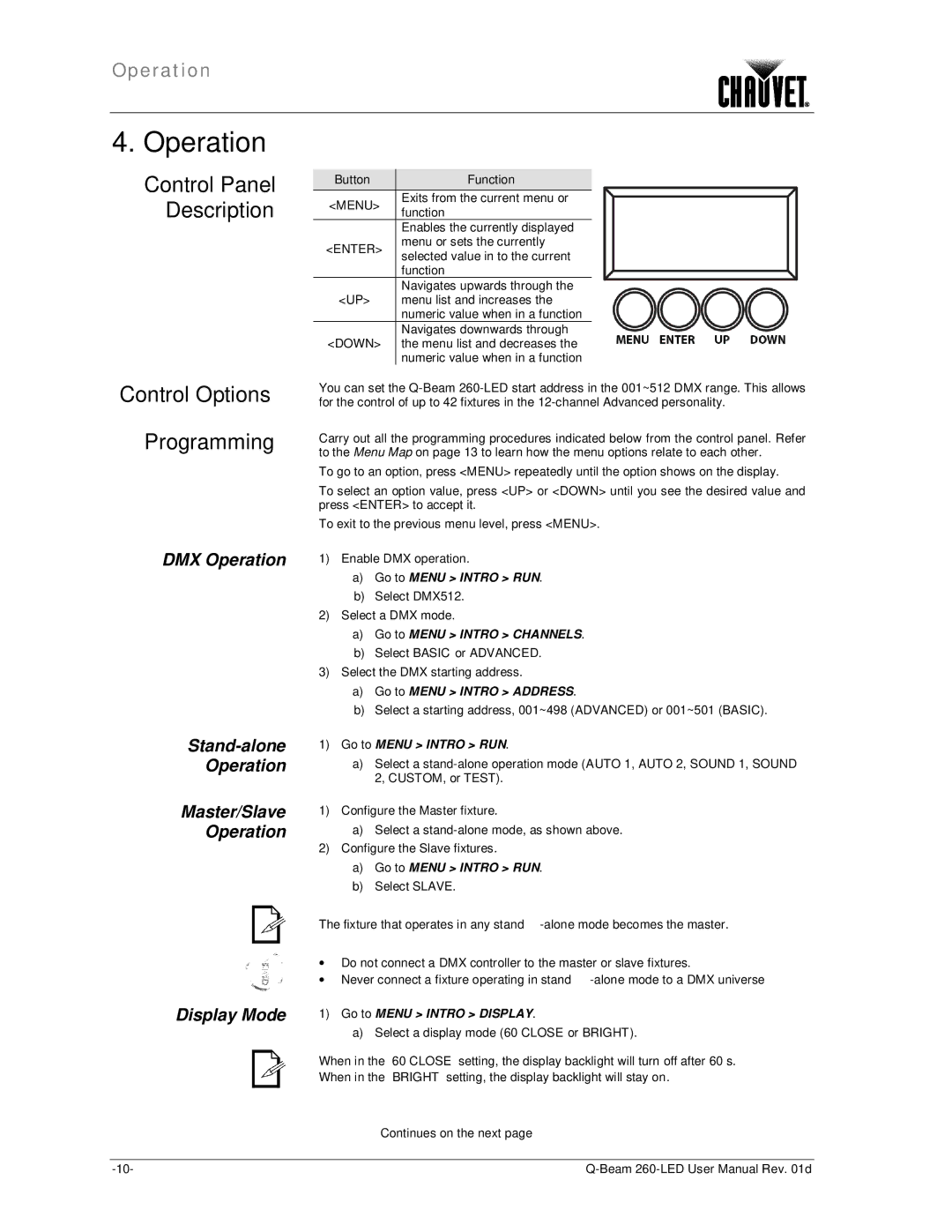 Chauvet 260 LED user manual Control Options Programming, DMX Operation Stand-alone Master/Slave Display Mode 