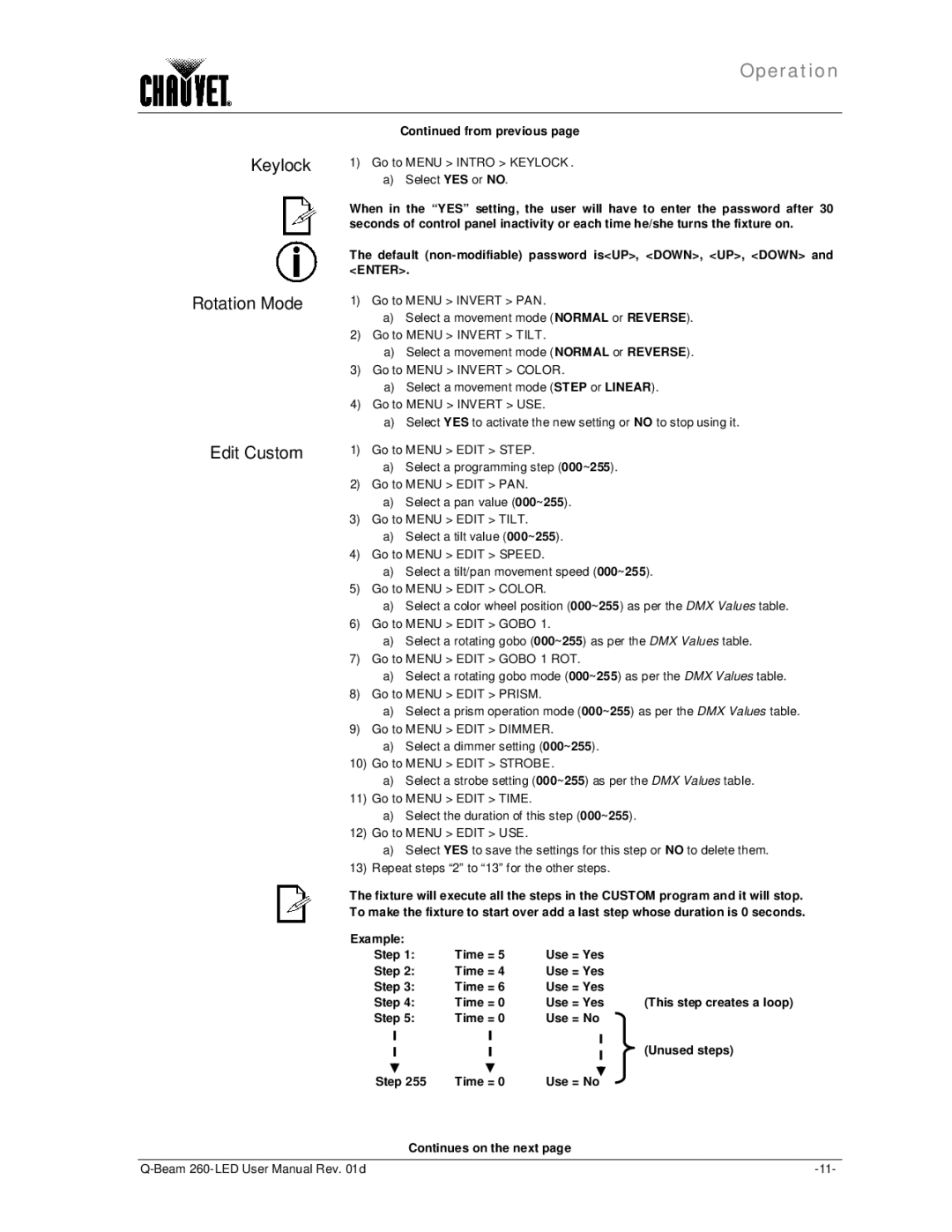 Chauvet 260 LED user manual Keylock Rotation Mode Edit Custom 