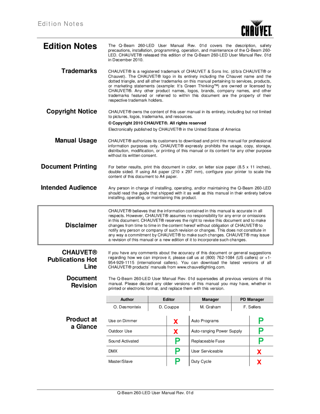 Chauvet 260 LED user manual Copyright 2010 CHAUVET. All rights reserved, Author Editor Manager PD Manager 