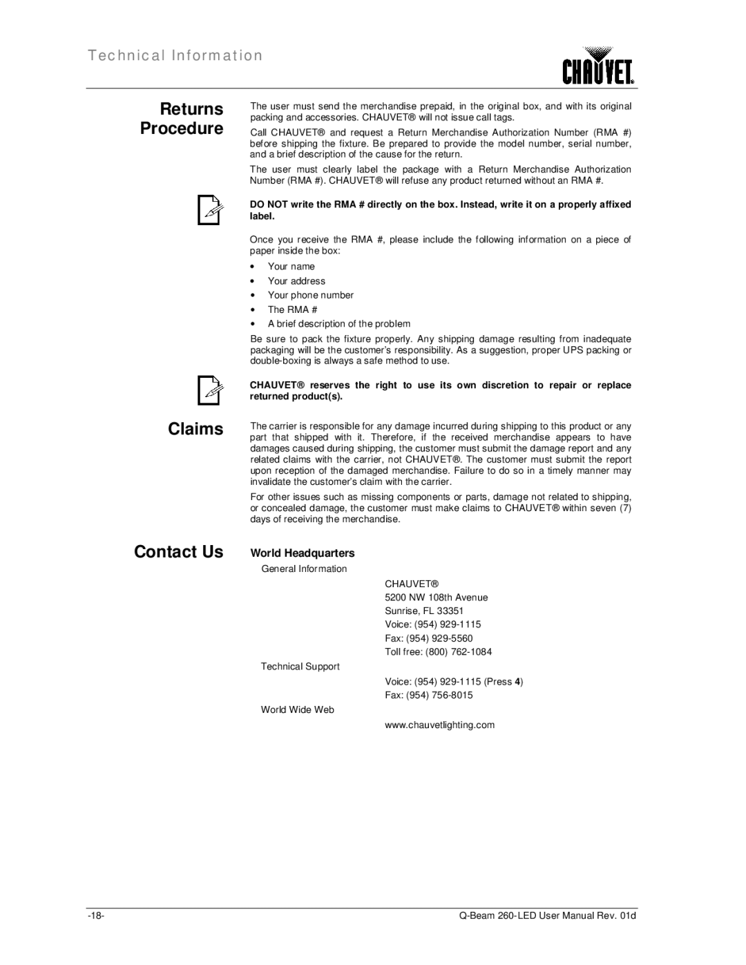 Chauvet 260 LED user manual Claims, General Information, Technical Support, World Wide Web 