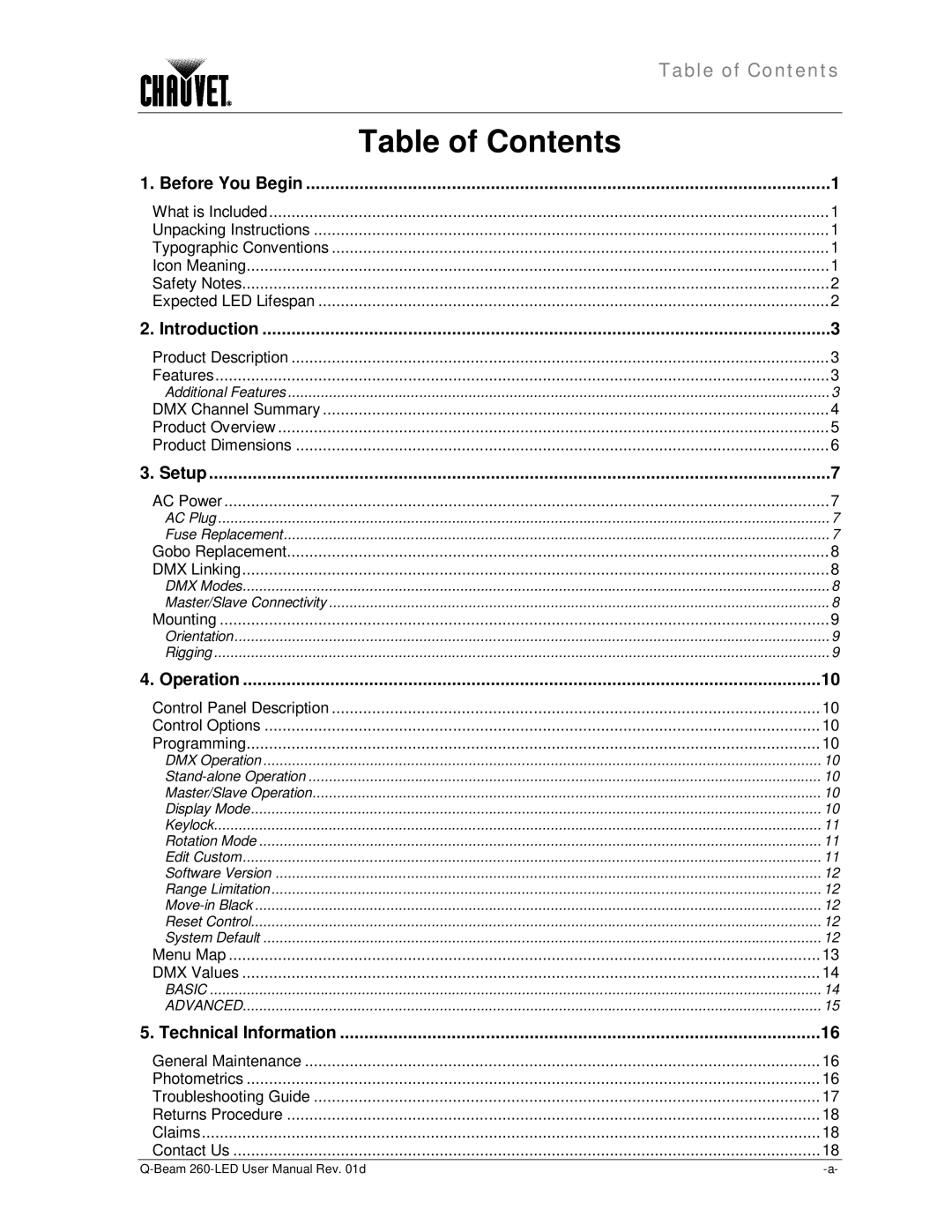 Chauvet 260 LED user manual Table of Contents 