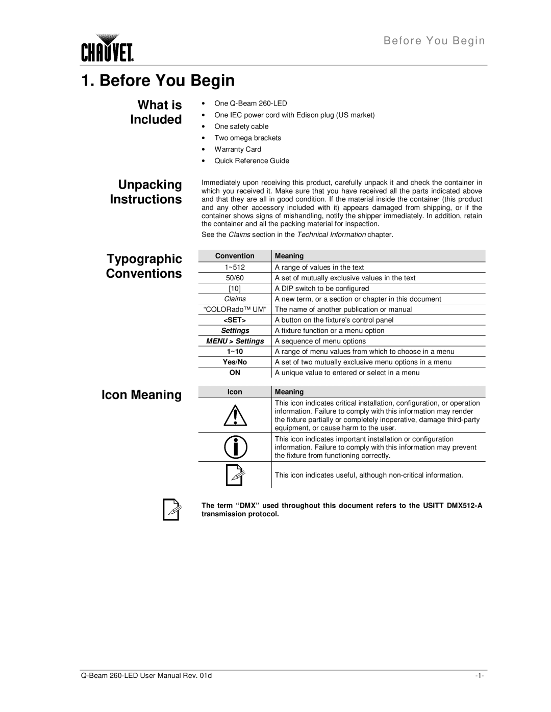 Chauvet 260 LED user manual Before You Begin, What is Included, Icon Meaning 