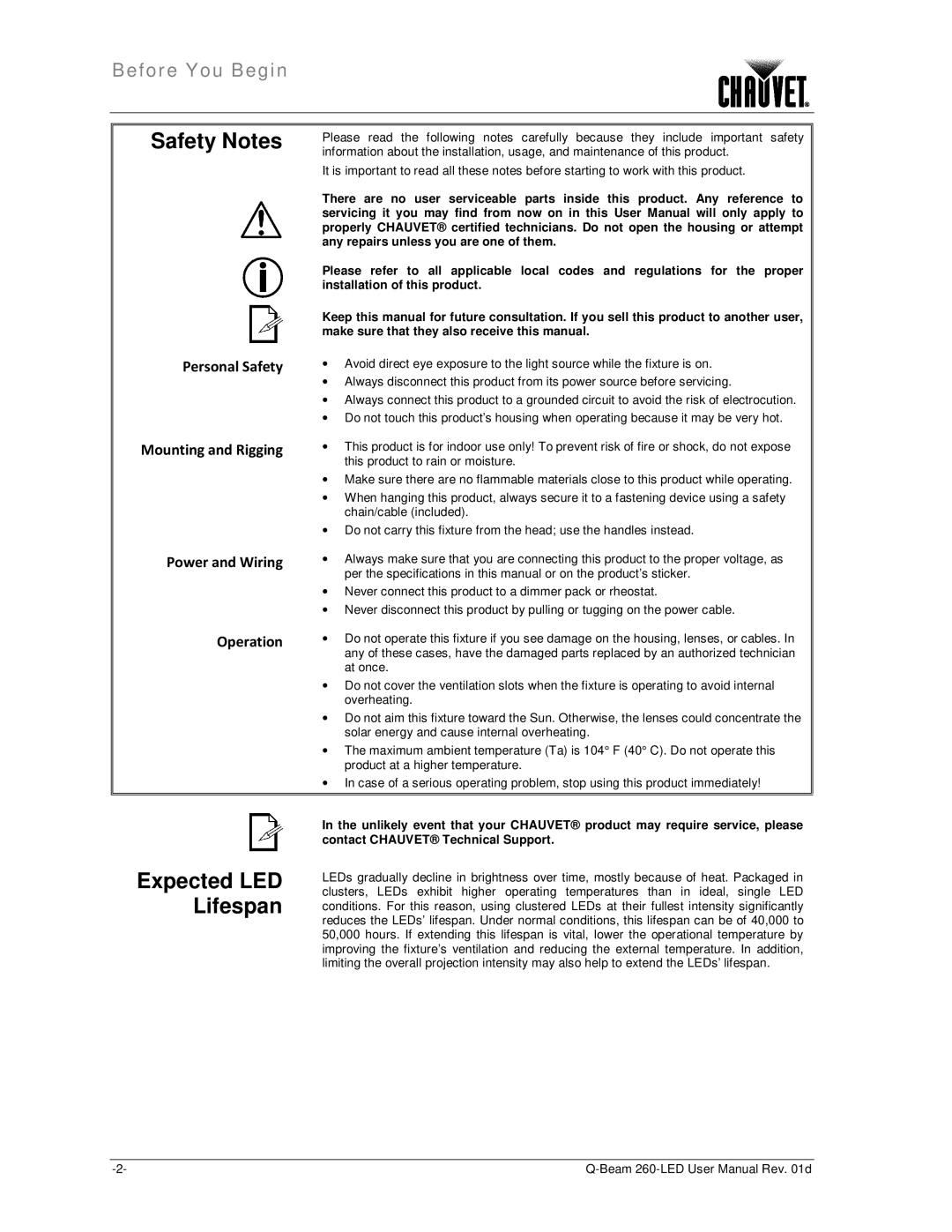 Chauvet 260 LED user manual Safety Notes, Personal Safety 