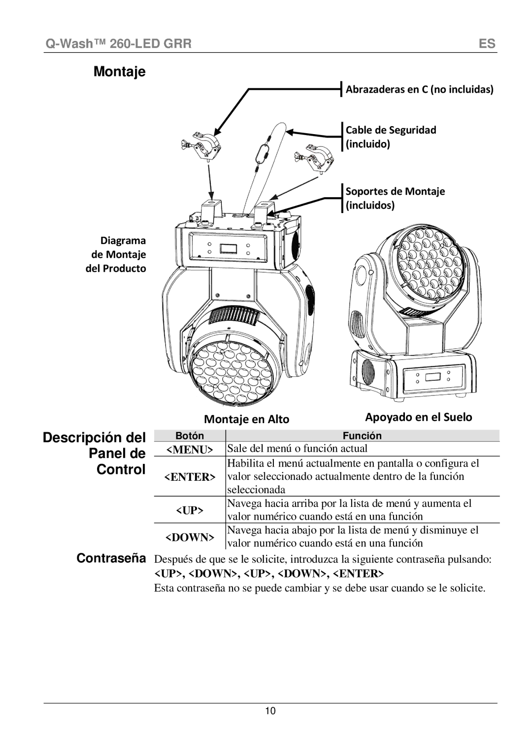 Chauvet 260-LED manual Montaje, Descripción del Panel de Control Contraseña, Función 