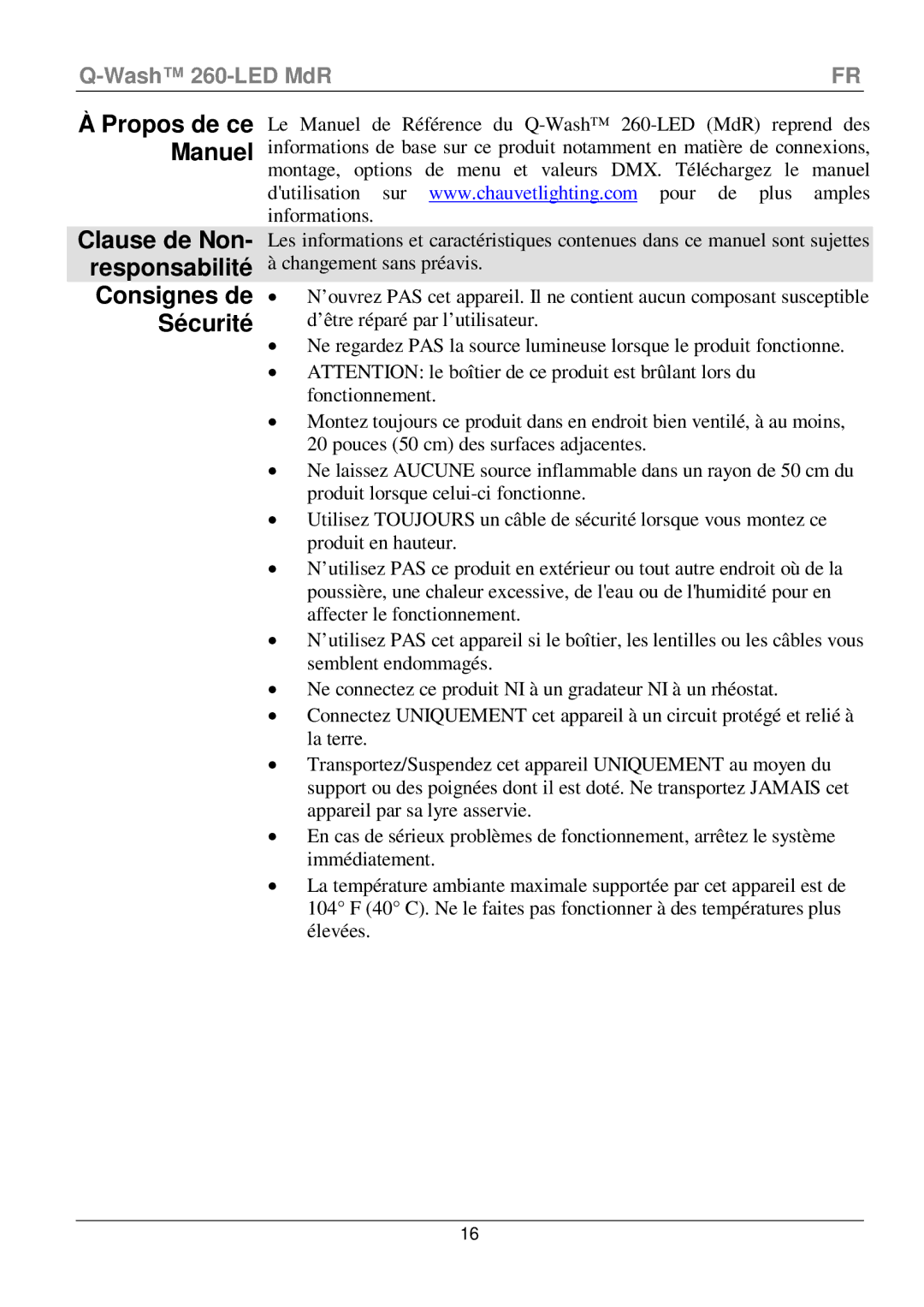 Chauvet 260-LED manual ÀPropos de ce Manuel, Clause de Non- responsabilité Consignes de Sécurité 